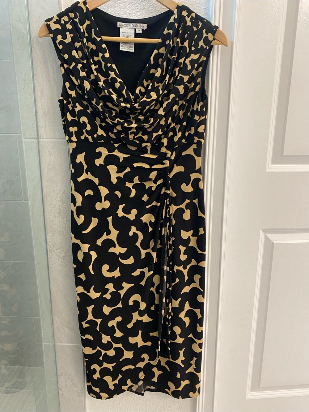 Maggy London Black and Beige Draped Cowl Midi Dress